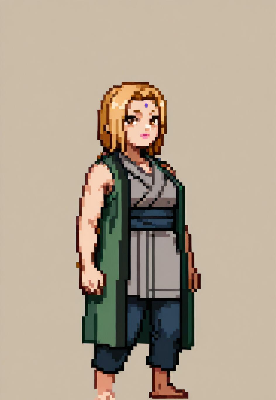 A full-body pixel art sprite of Tsunade from Naruto, standing against a plain beige background. She has blonde hair, a purple mark on her forehead, and is wearing a green sleeveless coat over a grey top and blue pants.