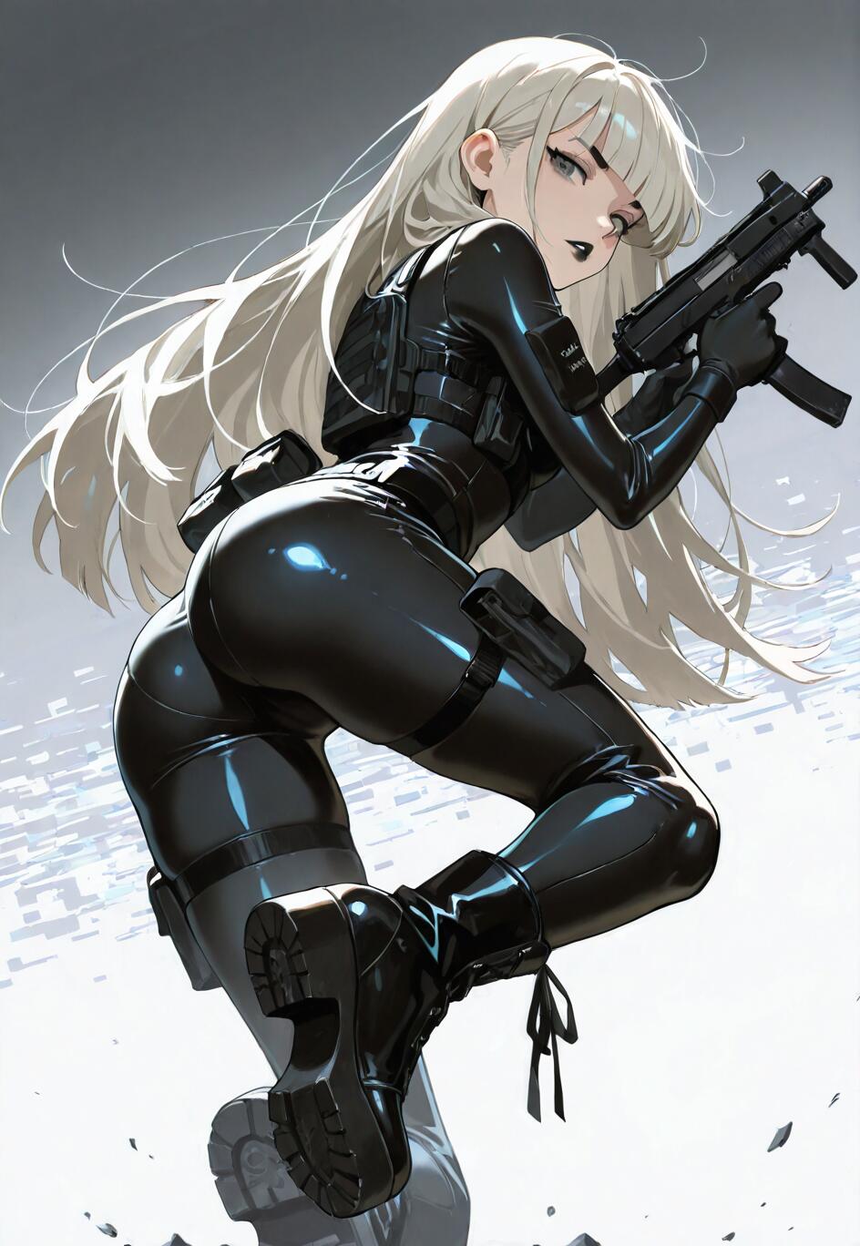 An anime-style woman with long platinum blonde hair in a tight black tactical suit and platform boots, posing with a submachine gun against a grey background.