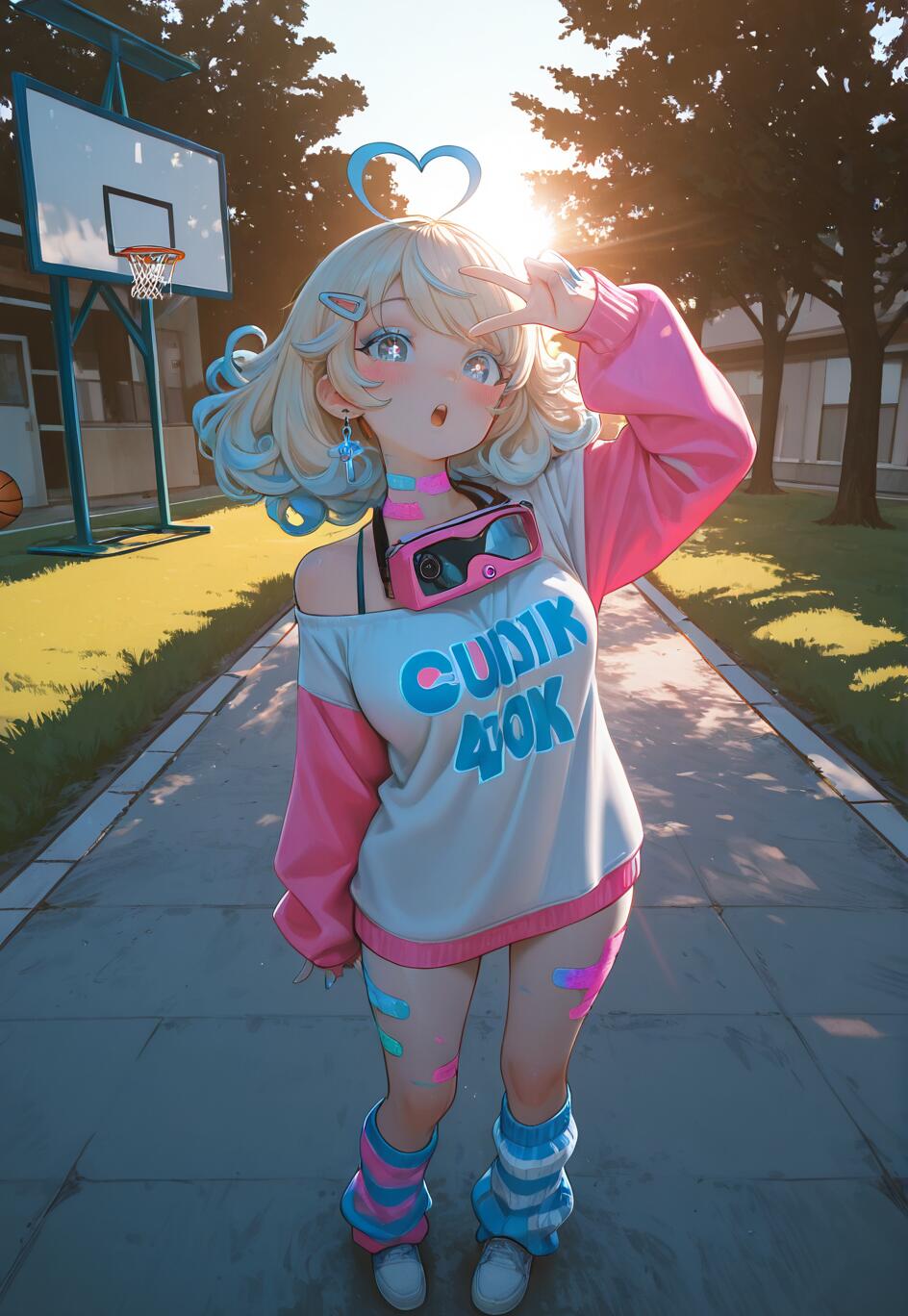 A full-body illustration of a kawaii anime girl with blonde and blue hair making a peace sign in front of a basketball court. She is wearing an oversized pink and white sweater, colorful bandages, and mismatched leg warmers on a sunny day.