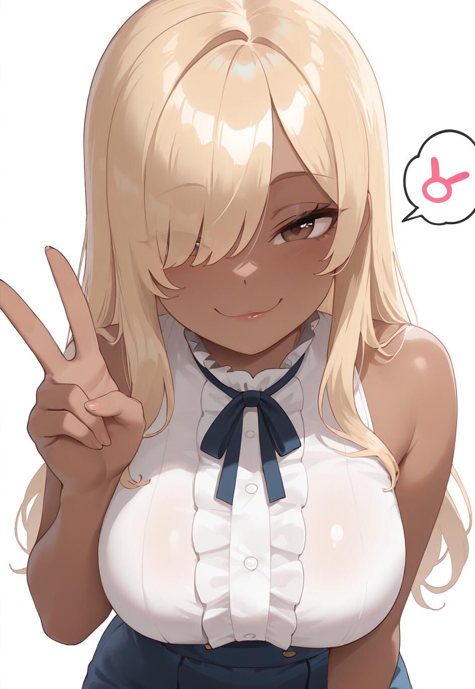 An anime-style illustration of a tan-skinned girl with long blonde hair making a peace sign. She has a smug smile, brown eyes, and is wearing a white ruffled sleeveless shirt with a blue bow and a blue skirt against a white background.
