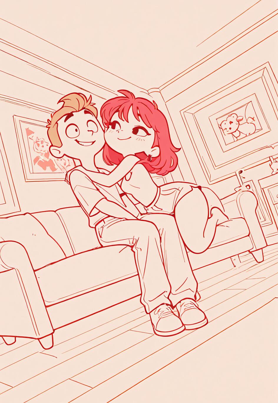 A cartoon illustration of a couple cuddling on a couch. A woman with pink hair is hugging a man with light brown hair from behind, and they are both smiling happily at each other.