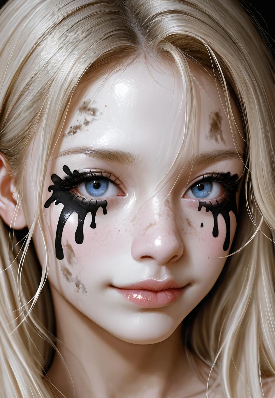 Close-up portrait of a young woman with long platinum blonde hair and striking blue eyes. She has pale skin with dirt smudges and thick, black paint dripping down from her eyes like tears.