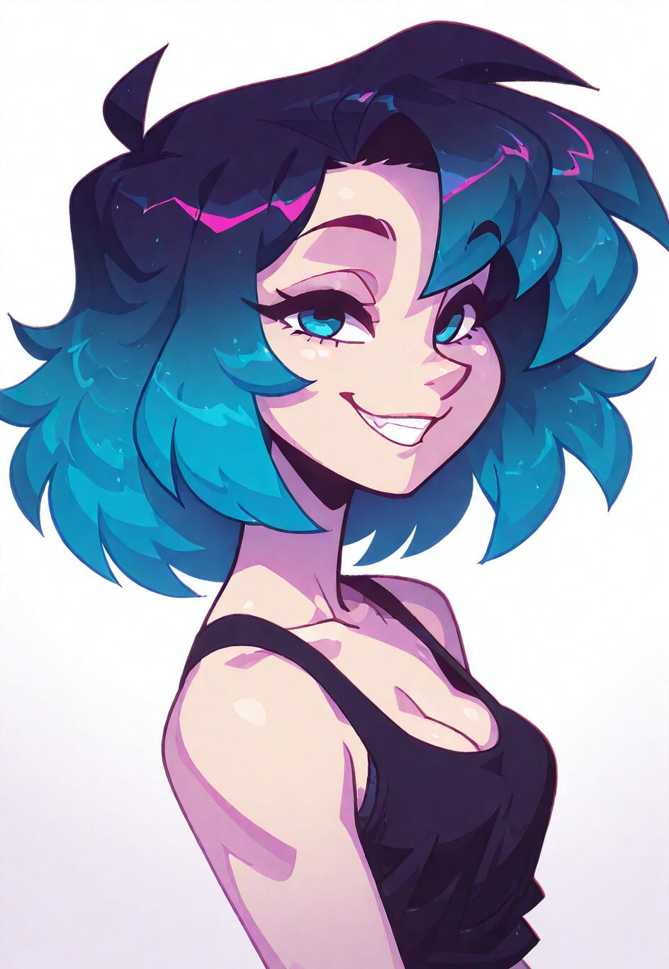 A stylized portrait of a young woman named Raelyn with short, messy blue and purple gradient hair, bright blue eyes, and a wide smile, wearing a black tank top against a white background.