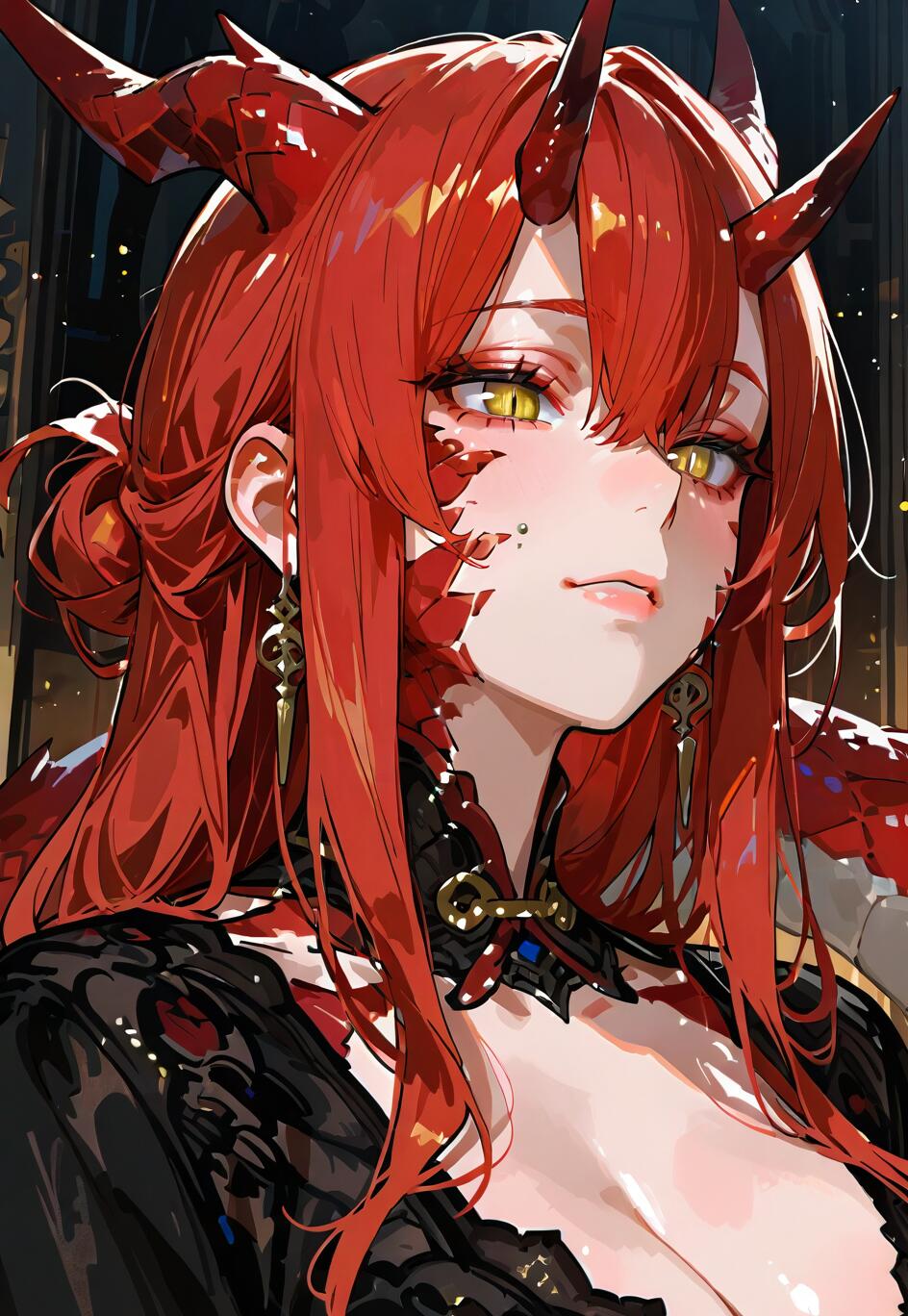 A close-up portrait of an anime-style woman with long red hair, prominent red dragon horns, and piercing golden eyes. She has red scales on her cheeks and neck, and wears an elegant, low-cut black dress.