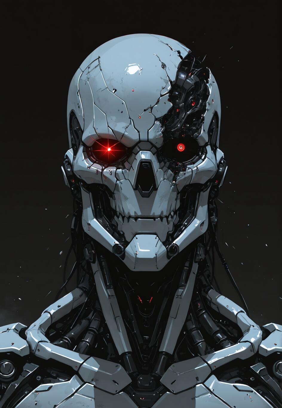 Front-facing portrait of a white robotic skeleton with glowing red eyes and a damaged skull revealing black inner workings, against a dark background.