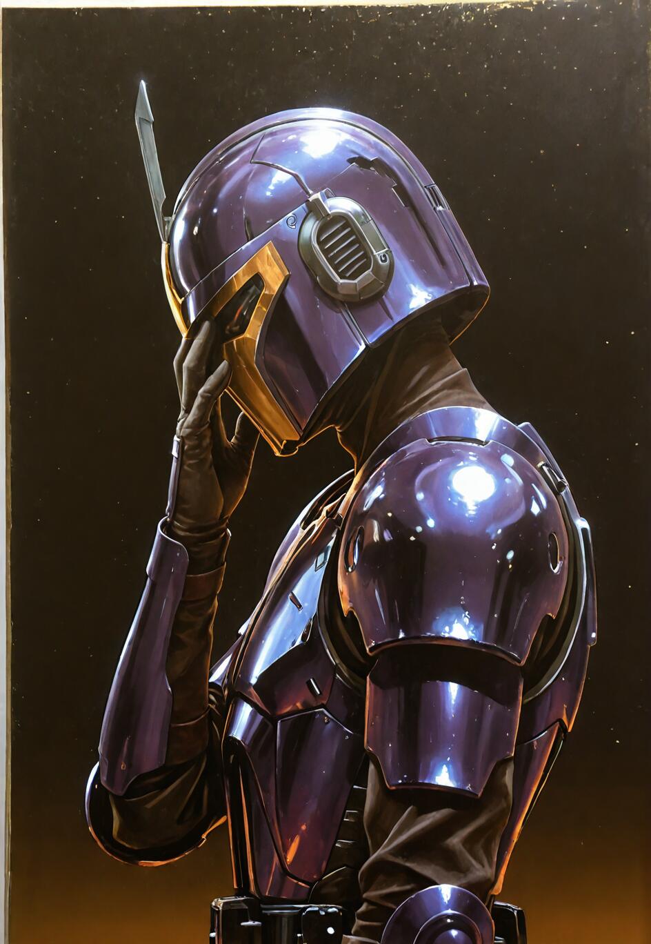 A side-profile illustration of a figure in shiny purple and gold Mandalorian armor. They are standing against a dark background, with one gloved hand held to their helmet in a pensive pose.