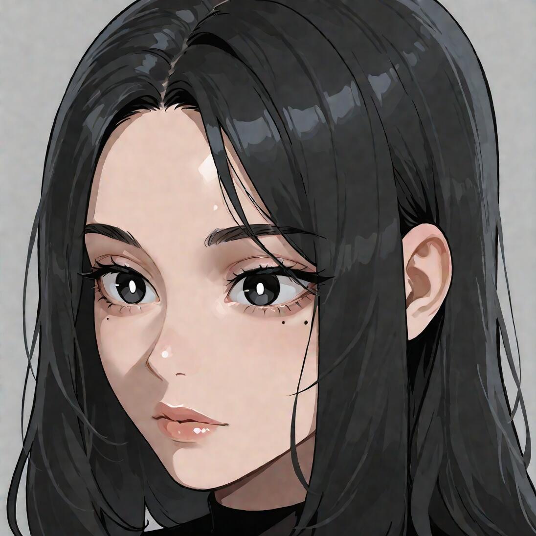A close-up digital illustration of the face of a young woman with long black hair, pale skin, and large dark eyes with winged eyeliner. She has a few small moles, or beauty marks, under her eyes and is looking forward with a calm expression.