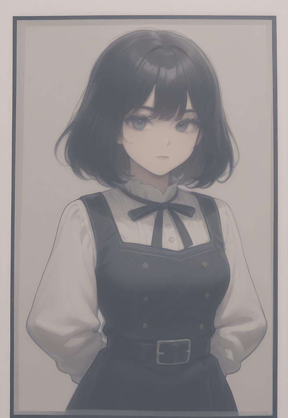 A bust-up portrait of an anime-style girl with short black hair and gray eyes. She is wearing a white blouse, a black bow, and a black pinafore dress with a belt. She has a neutral, serious expression and is looking directly at the viewer.