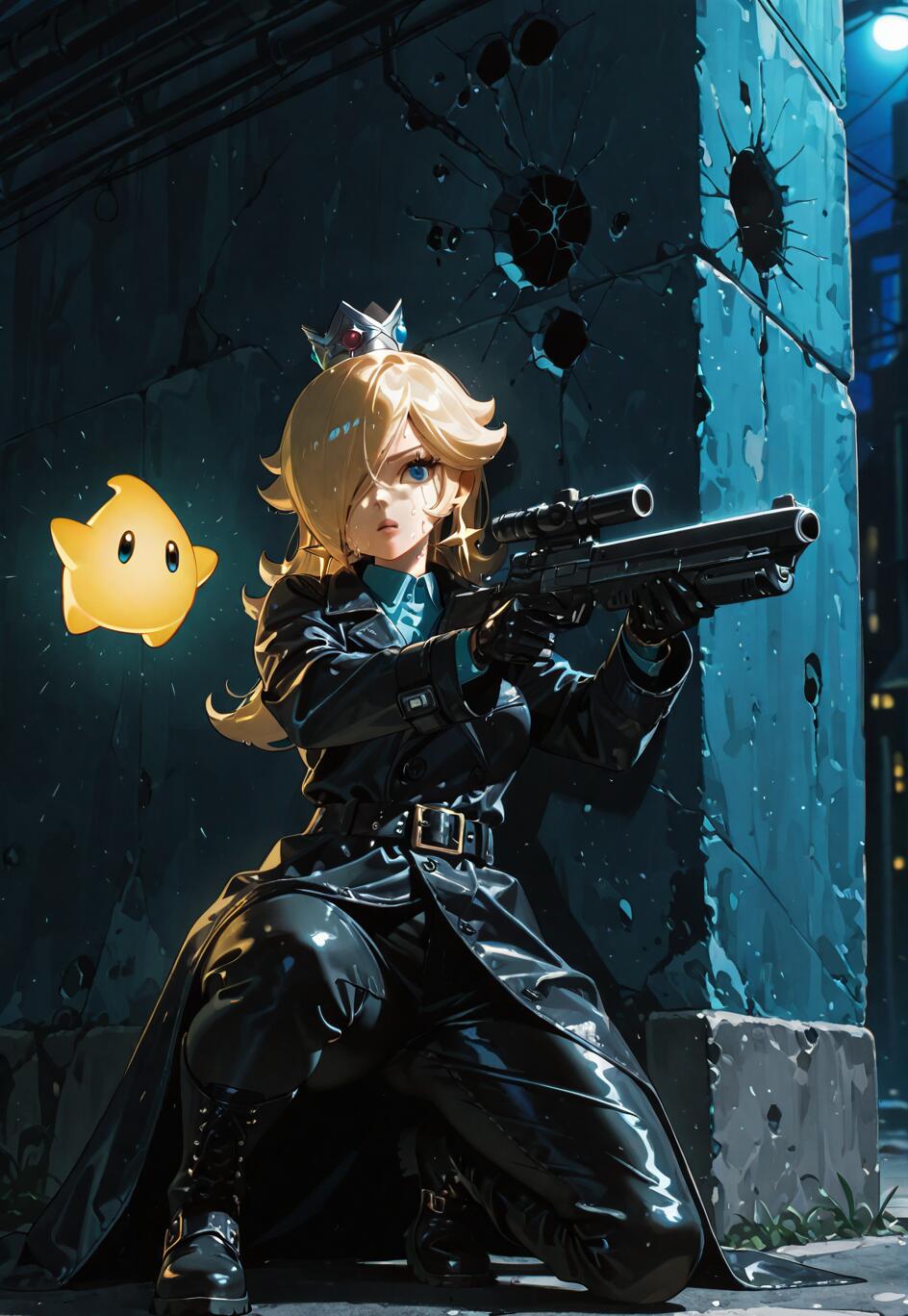 An anime-style illustration of Princess Rosalina from Super Mario, dressed in a black leather trench coat and pants, kneeling in a dark alley and aiming a sniper rifle. A small, glowing yellow star creature, a Luma, floats beside her.