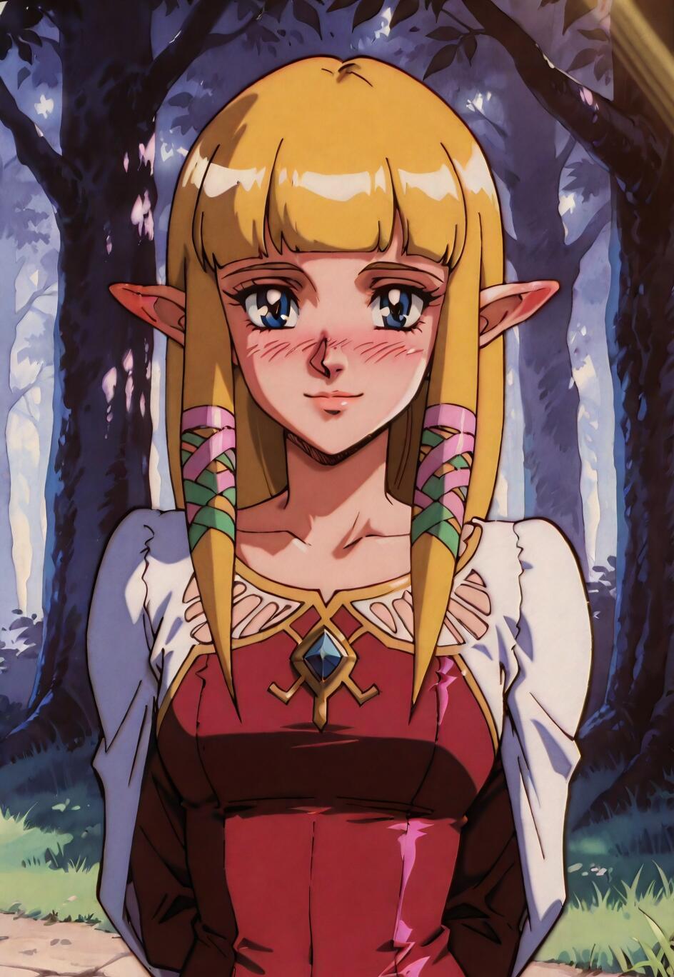An illustration of Princess Zelda from Skyward Sword depicted in a 90s anime style. She has long blonde hair, pointed ears, and blue eyes, and is blushing with a soft smile. She is wearing a pink and red dress with a white shawl in a forest.