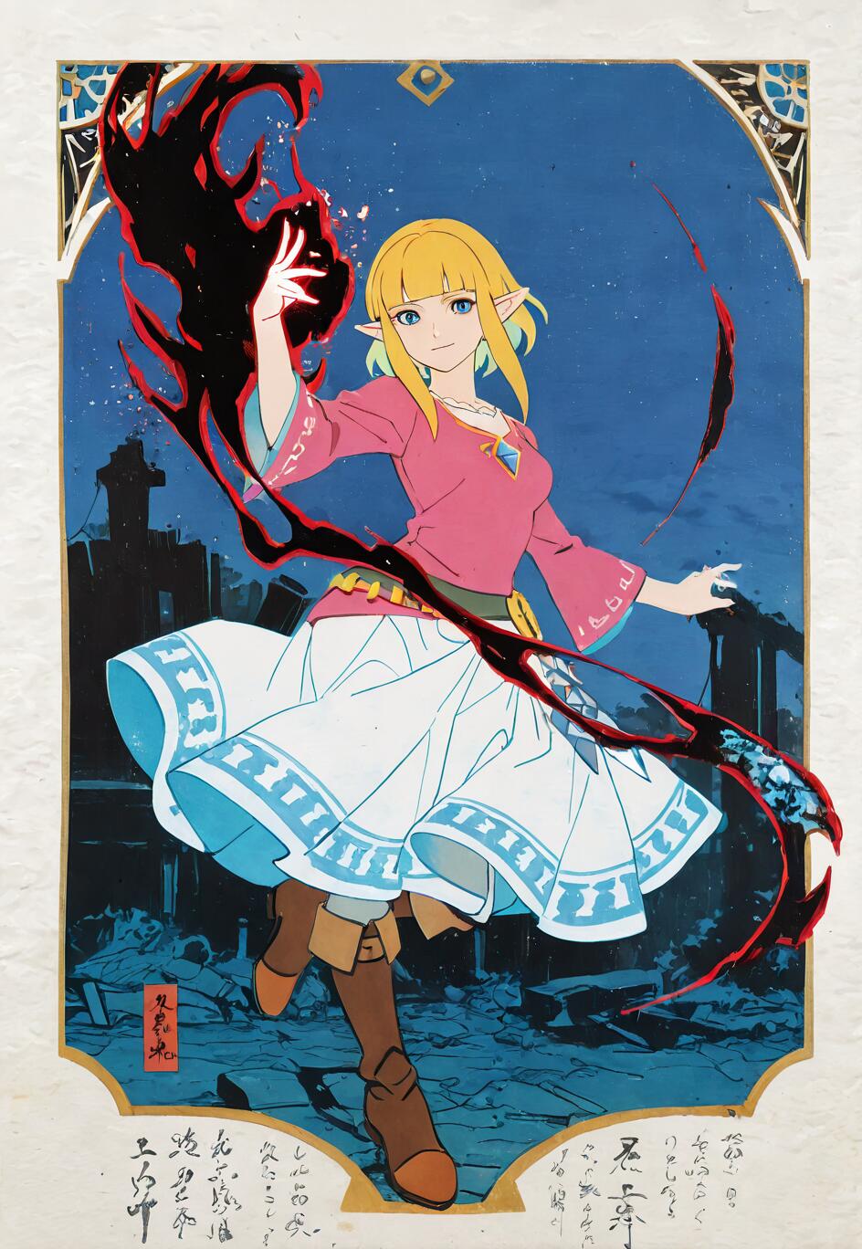 A full-body illustration of Princess Zelda from The Legend of Zelda: Skyward Sword, depicted in a Japanese ukiyo-e art style. She has blonde hair and a slight smile as she casts a swirling black and red magic spell from her right hand. The background shows dark ruins against a deep blue, starry night sky.