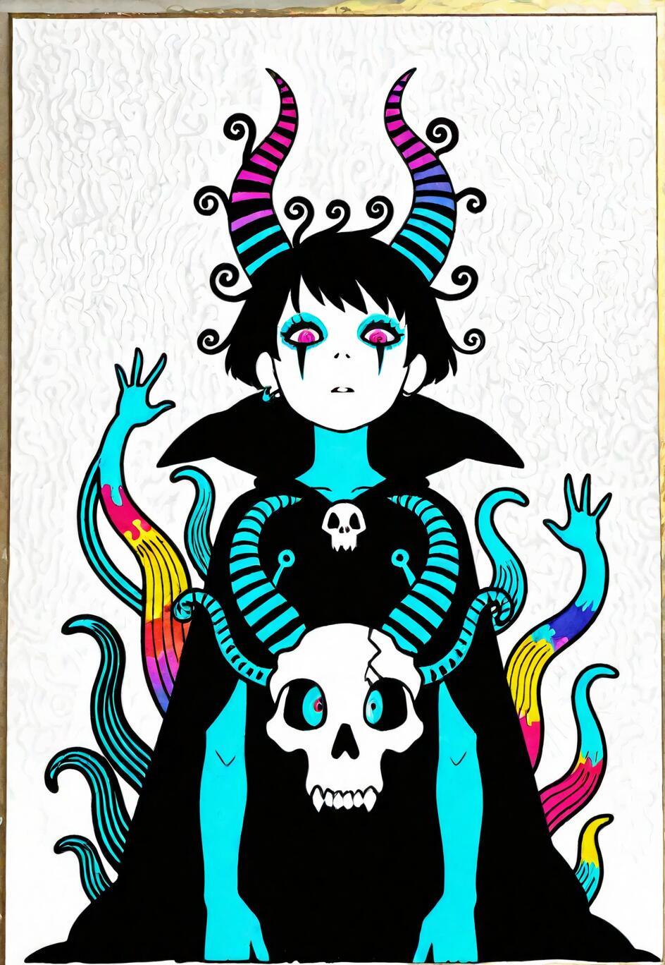 An illustration of a gothic girl with black hair and large, colorful striped horns. She wears a black cape with a skull on the front, and rainbow-colored tentacles swirl around her.