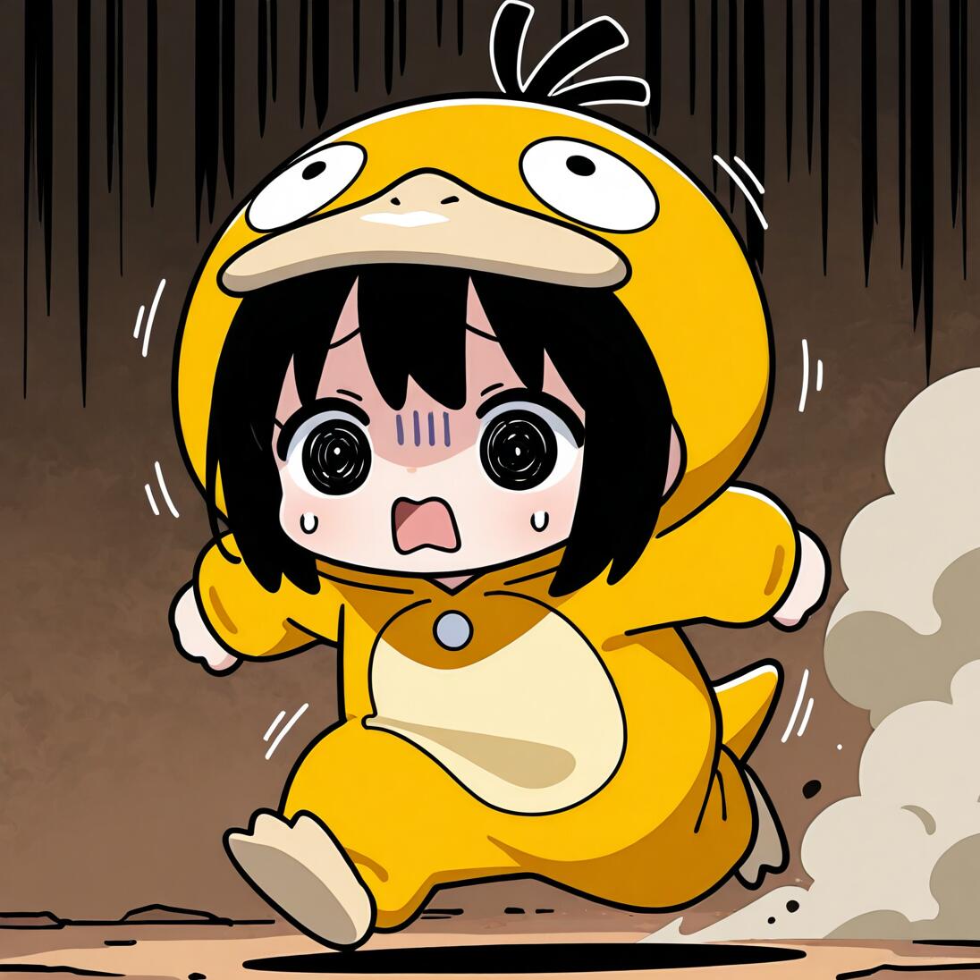 A cute chibi girl with short black hair and spiral eyes, wearing a yellow Psyduck onesie, runs away with a terrified expression against a dark background, kicking up dust.