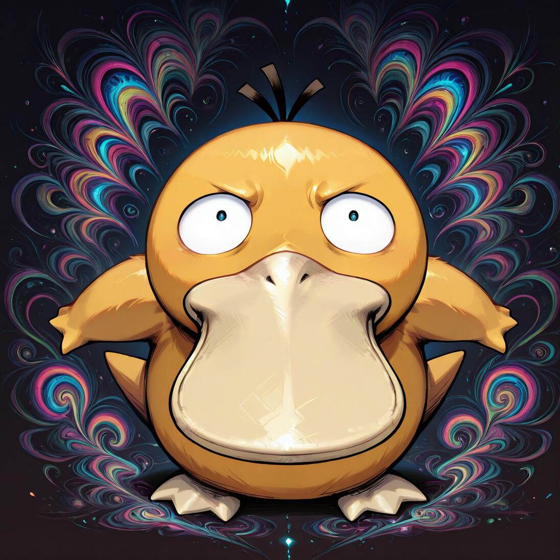 The Pokémon Psyduck stands front and center with a confused and stressed expression, wide eyes, and furrowed brow. Behind it, a dark background is illuminated by a symmetrical fan of vibrant, swirling psychedelic patterns in pink, blue, yellow, and green.