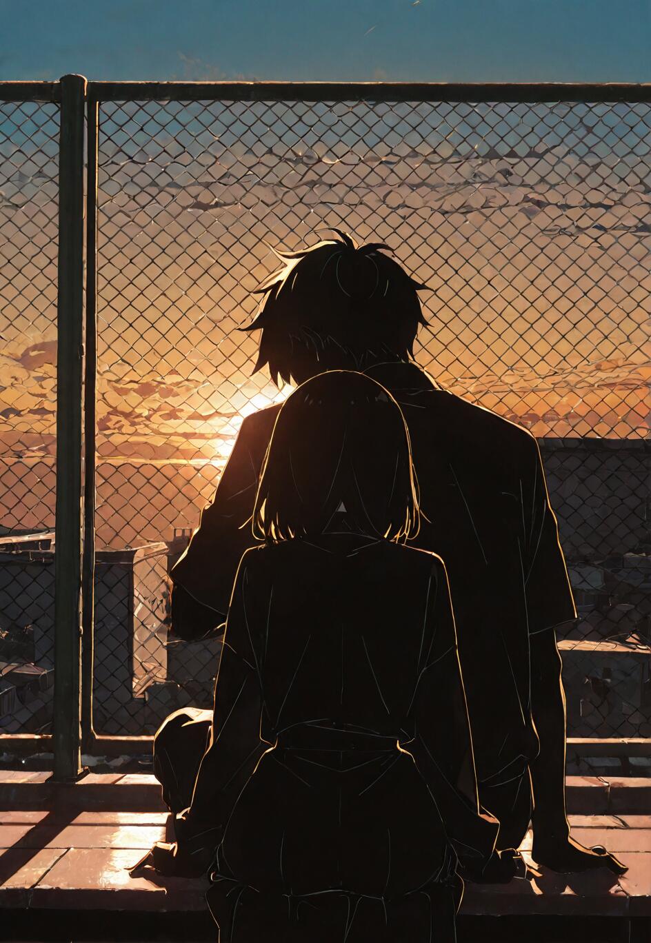 An anime illustration of a boy and girl in silhouette, sitting on a rooftop and watching the sunset over a city through a chain-link fence.