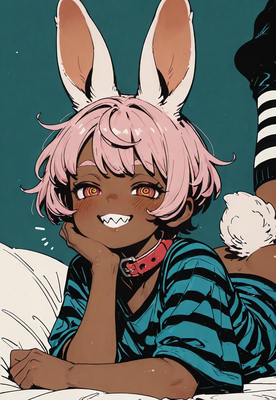 Illustration of a rabbit girl with pink hair, lying on a bed, wearing a striped shirt, playful expression, sharp teeth, whimsical and flirty vibe.