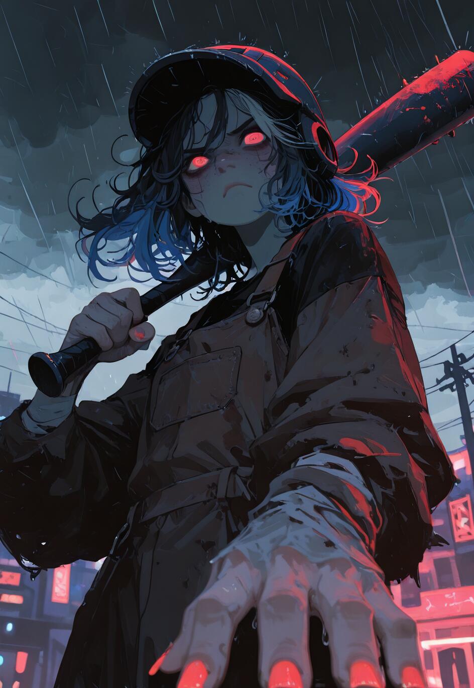 A low-angle digital illustration of a young woman with glowing red eyes and blue-highlighted hair, wearing a helmet and overalls. She holds a baseball bat over her shoulder in a rainy city at night, her hand with glowing red nails reaching forward.