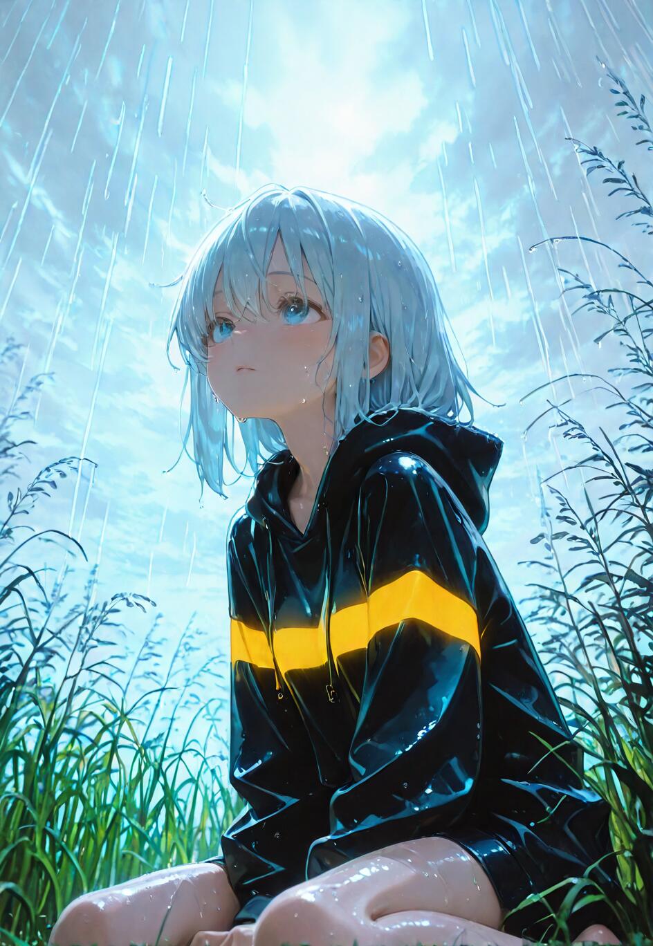 An anime girl sitting in tall grass under heavy rain, with misty skies and soft lighting creating a dreamy, melancholic atmosphere.