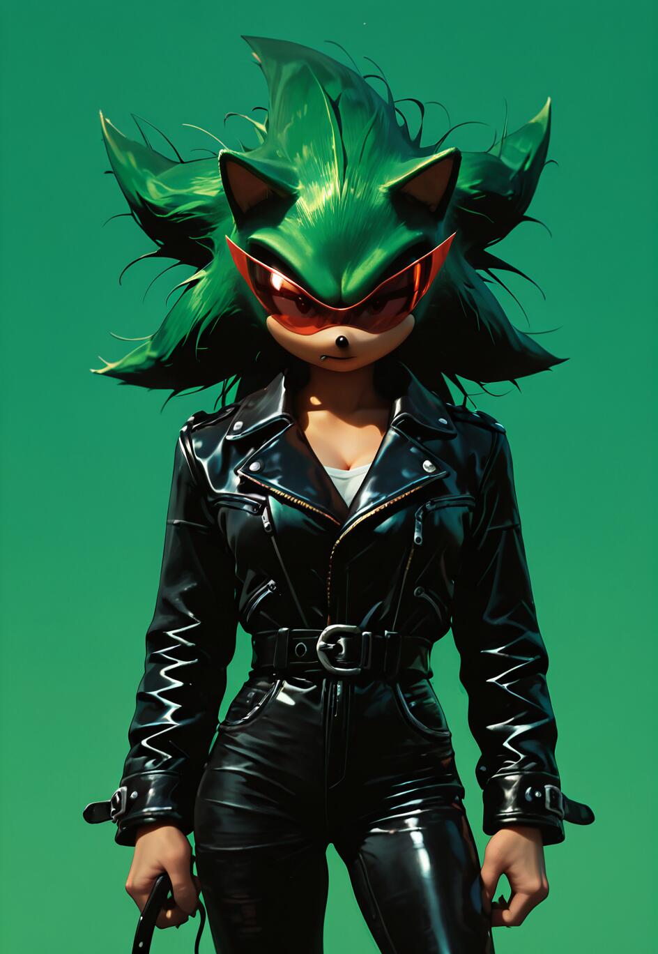 A female version of Scourge the Hedgehog with spiky green quills, wearing red sunglasses and a full black leather biker outfit, posing against a solid green background.