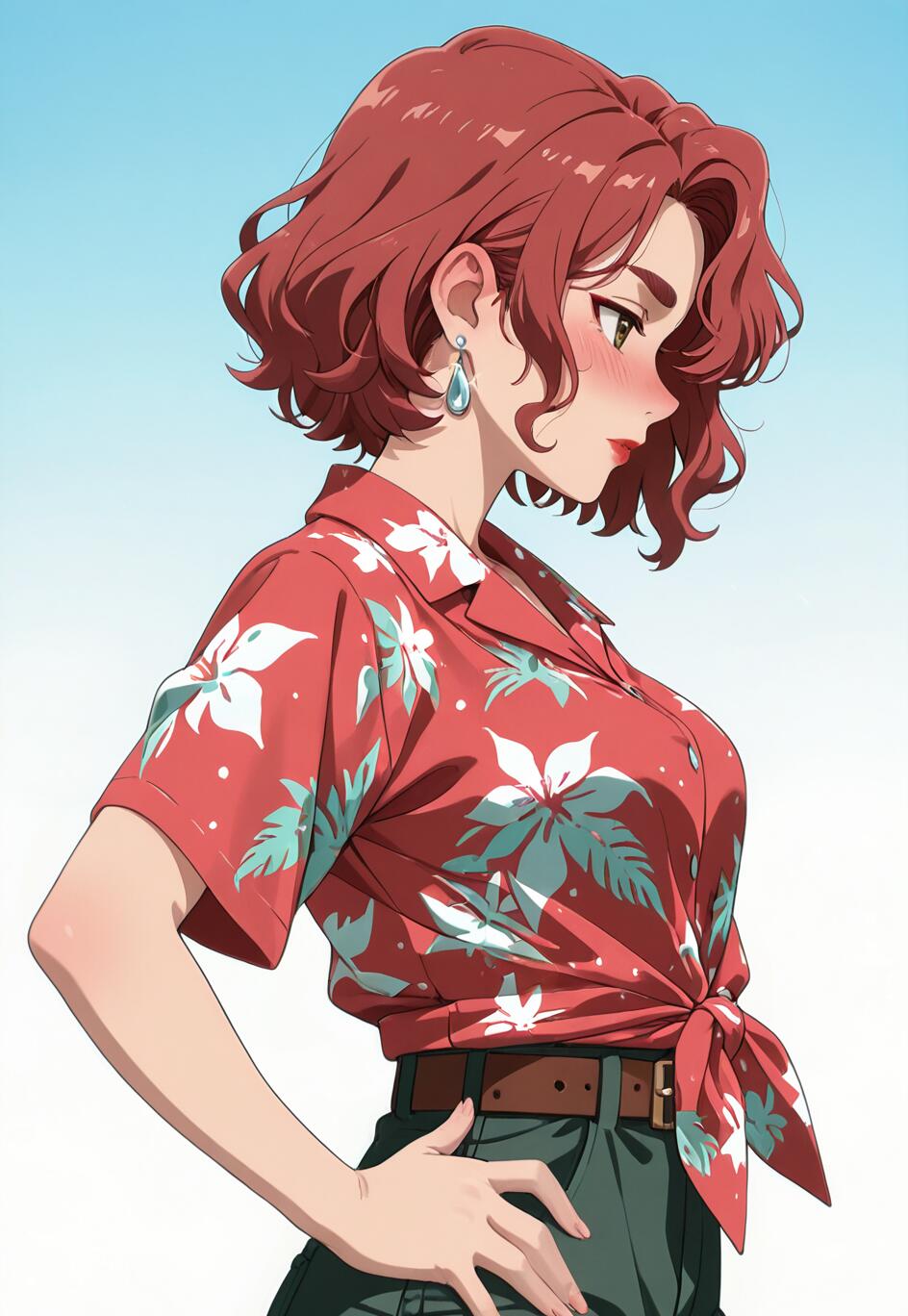 An anime-style woman with short, wavy red hair in a side profile view. She is wearing a red floral Hawaiian shirt tied at the waist, green pants, and has her hand on her hip against a light blue background.