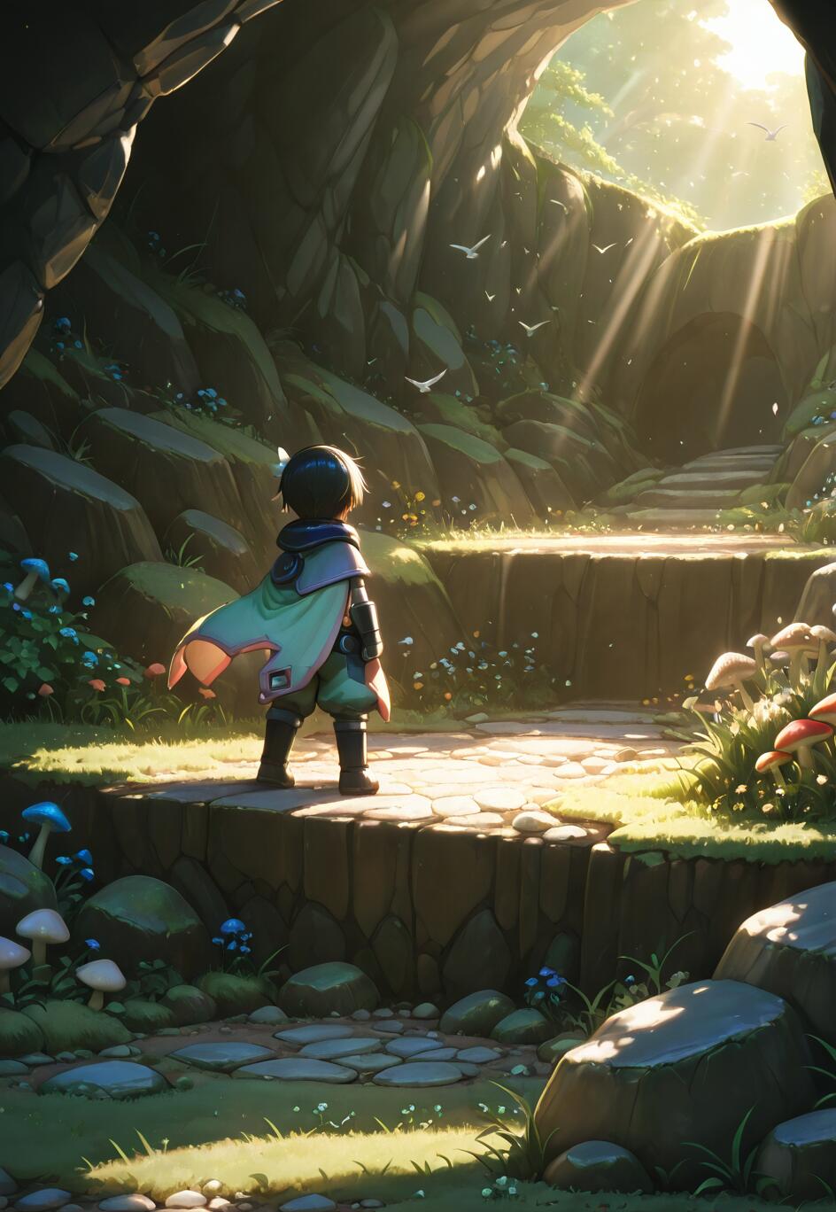 An illustration of the character Reg from Made in Abyss, viewed from behind. He is standing on a stone path at the mouth of a large cave, looking out into a bright, sunlit world with birds flying in the sky.