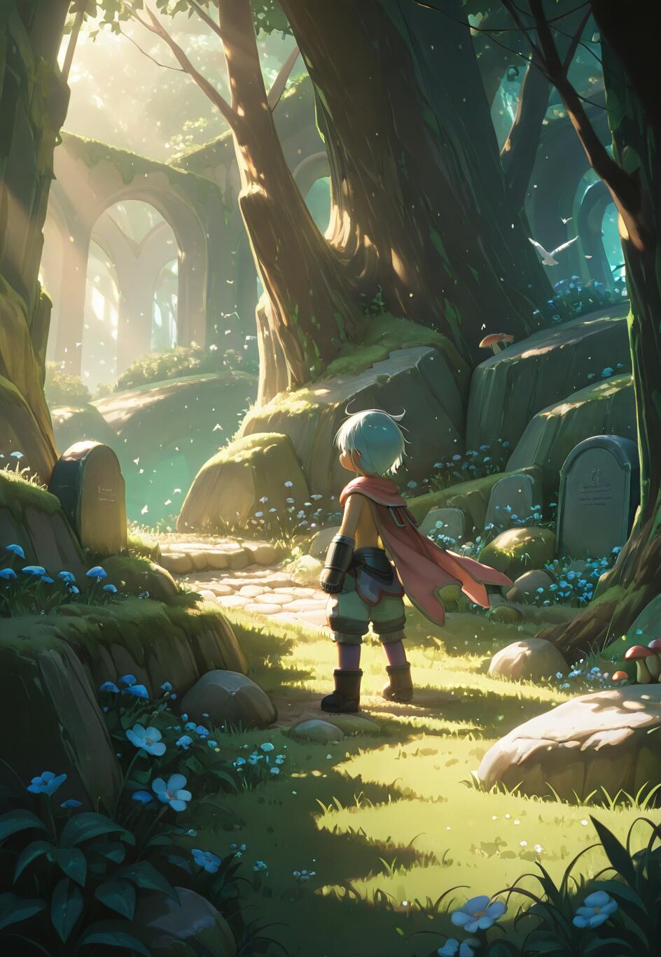 An anime-style illustration of the character Reg from Made in Abyss, viewed from the back, standing on a stone path in a lush, green forest filled with ancient ruins and tombstones. Sunlight streams through the trees, illuminating the scene.