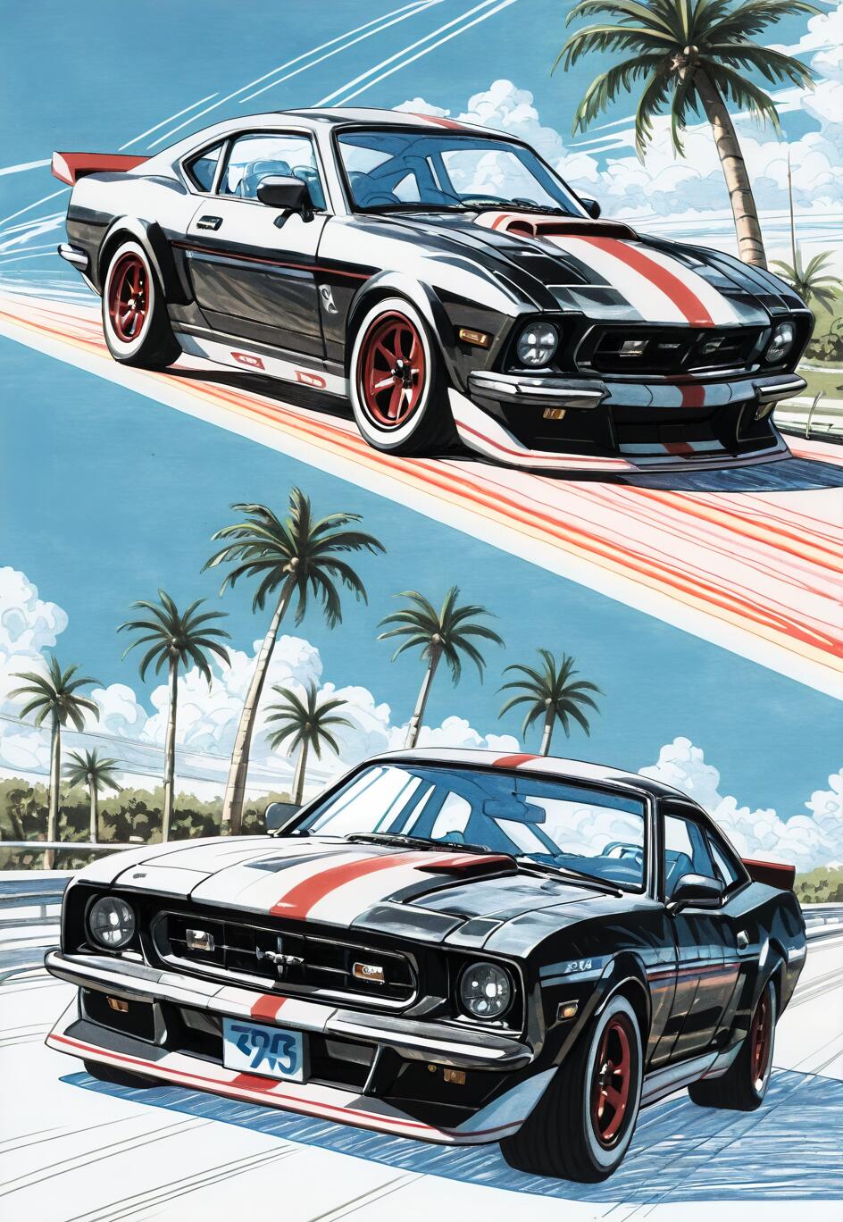 An anime-style digital painting of a classic black Ford Mustang with white and red racing stripes, shown in two dynamic angles as it speeds down a coastal highway lined with palm trees.