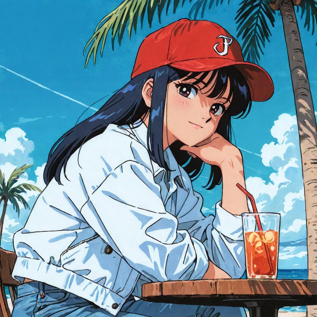 An anime-style illustration of a girl with dark hair wearing a red baseball cap and white jacket, sitting at a table outdoors. She is smiling at the viewer with her chin resting on her hand, next to a glass of iced tea, with palm trees and the ocean in the background.