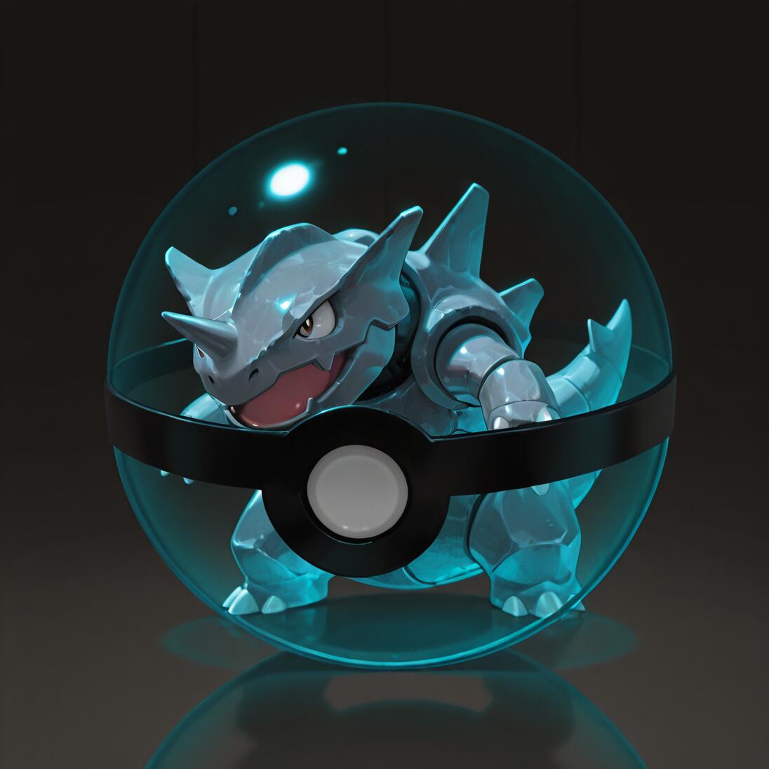 A digital render of the Pokémon Rhyhorn, a gray, rhinoceros-like creature, enclosed within a transparent Poké Ball that is glowing with a bright cyan light. The background is dark, and the Poké Ball is reflected on the surface it rests on.