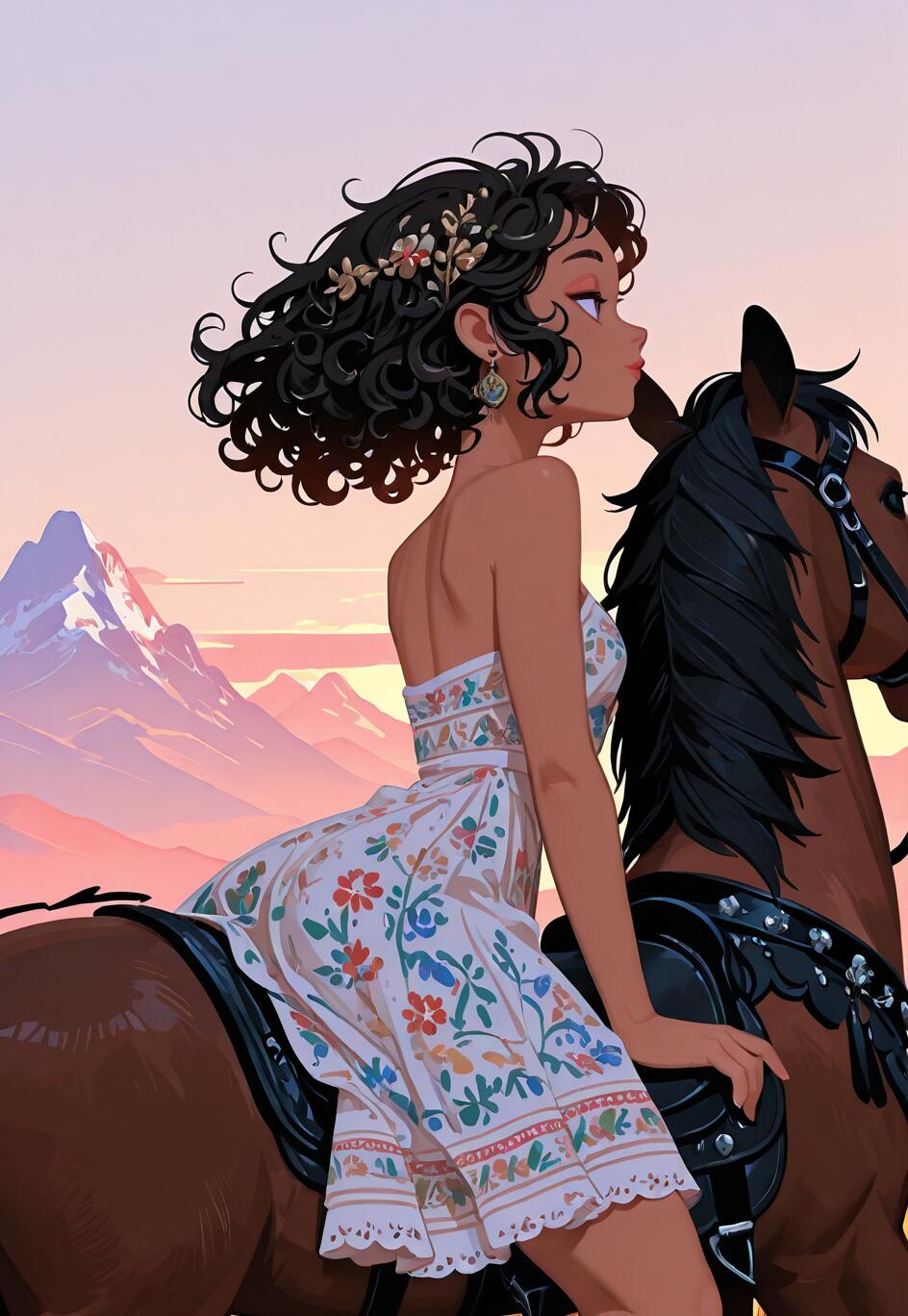 A bohemian woman with curly hair and a colorful dress riding a horse against a backdrop of majestic mountains at sunset.