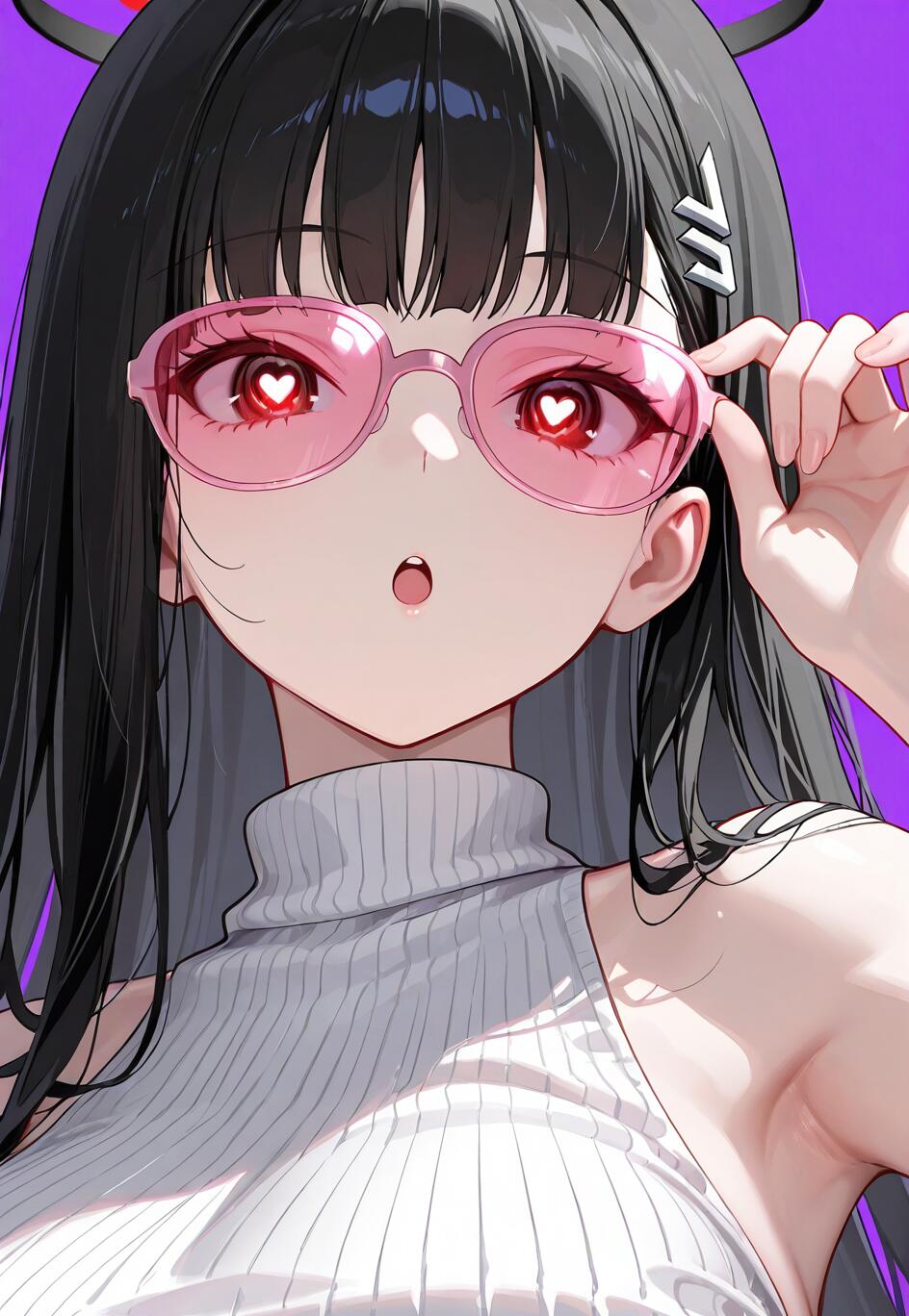 An anime girl with long black hair, identified as Rio Tsukatsuki from Blue Archive, wearing a white sleeveless turtleneck and adjusting pink heart-shaped glasses. She has red eyes with heart-shaped pupils and a surprised expression against a purple background.