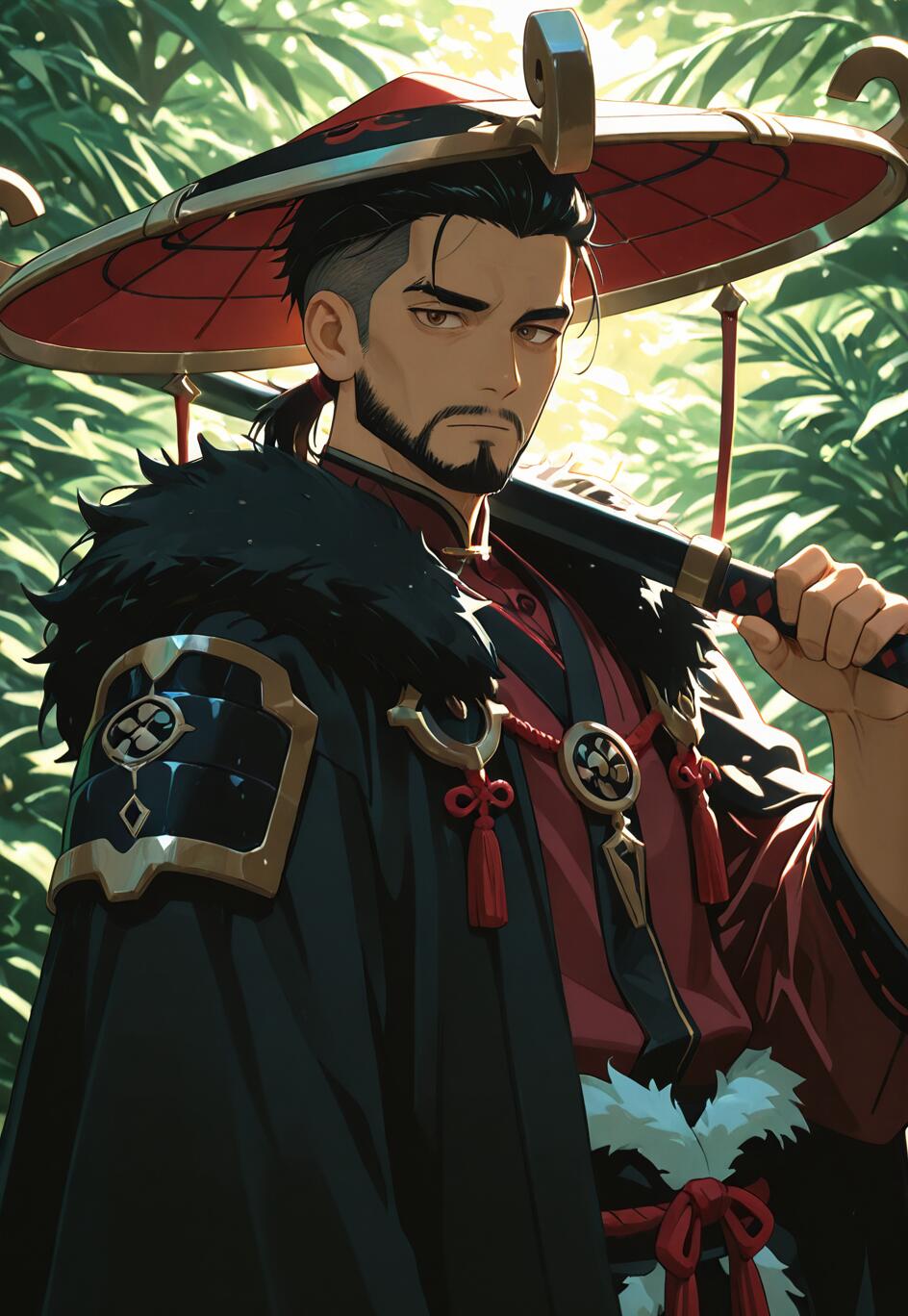 An anime-style illustration of a handsome man with a black undercut and beard, wearing a red and black outfit with a fur cloak and a jingasa hat. He is holding a sword over his shoulder and standing in a green forest.