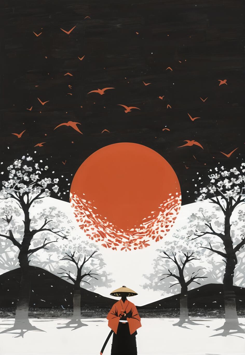 A minimalist illustration of a samurai in a red kimono and straw hat standing in a snowy landscape with cherry blossom trees, under a dark sky with a large red sun and flying birds.
