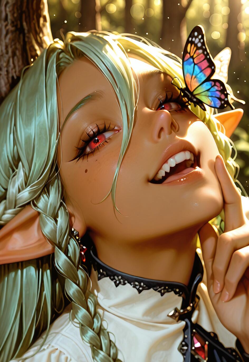 A close-up illustration of Rosalinde from Unicorn Overlord, a dark elf with green braided hair and red eyes. She is smiling happily as a colorful butterfly rests on her face in a sunlit forest.