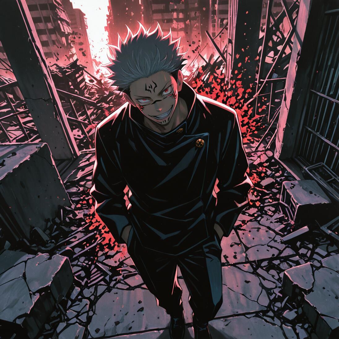 Ryomen Sukuna from Jujutsu Kaisen standing in a destroyed city, smirking menacingly at the camera from a high-angle perspective.