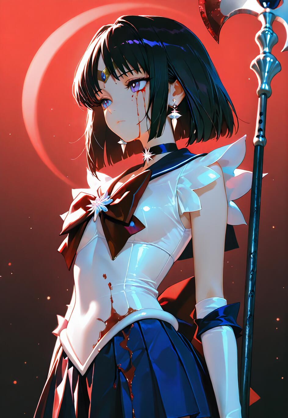 An anime-style illustration of Sailor Saturn from Sailor Moon, holding her large Silence Glaive. She has short black hair, purple eyes, and is splattered with blood, standing against a dark red background with a large red crescent moon.