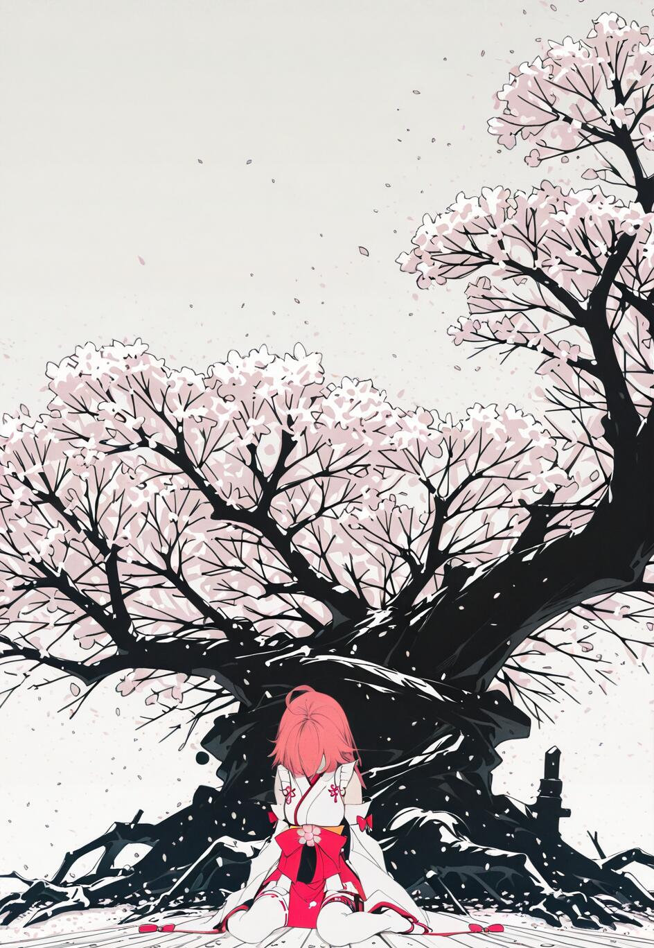 An anime-style illustration of Sakura Miko, a girl with pink hair in a miko outfit, kneeling at the base of a large, dark cherry blossom tree in full bloom against a white background.