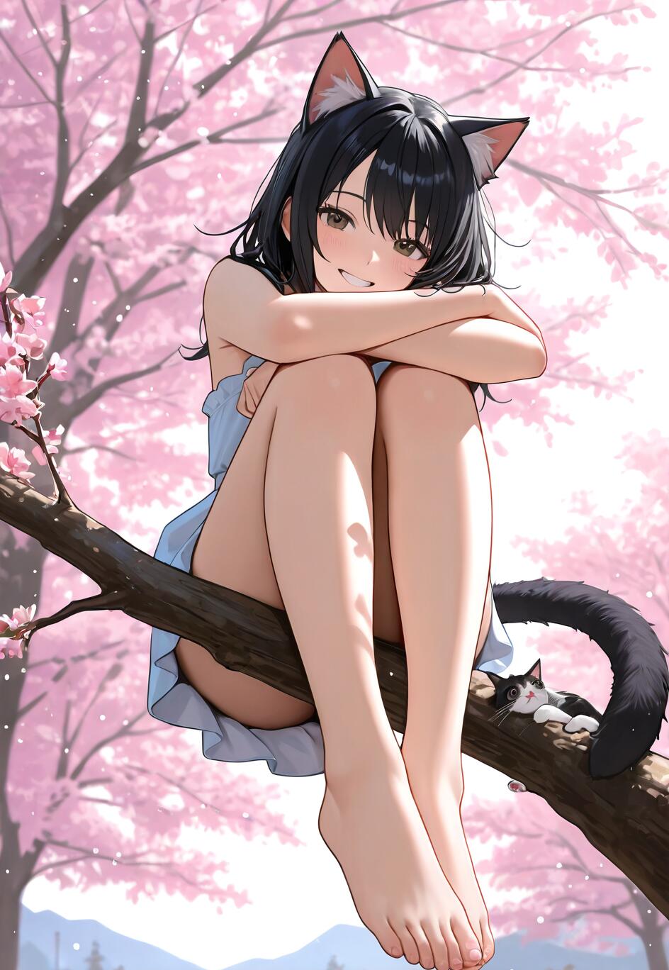 An anime cat girl with black hair and a blue dress sitting on a cherry blossom tree branch, smiling warmly. A small black and white cat is lying next to her.