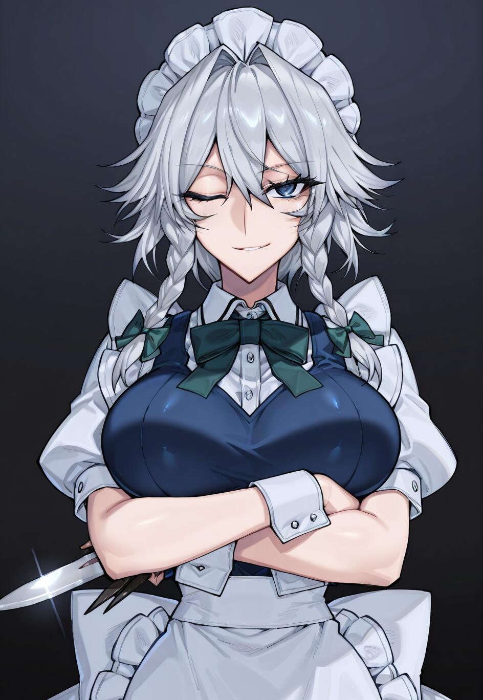 Sakuya Izayoi from Touhou Project, a maid with silver braided hair, winking and smirking with her arms crossed while holding a knife against a dark background.