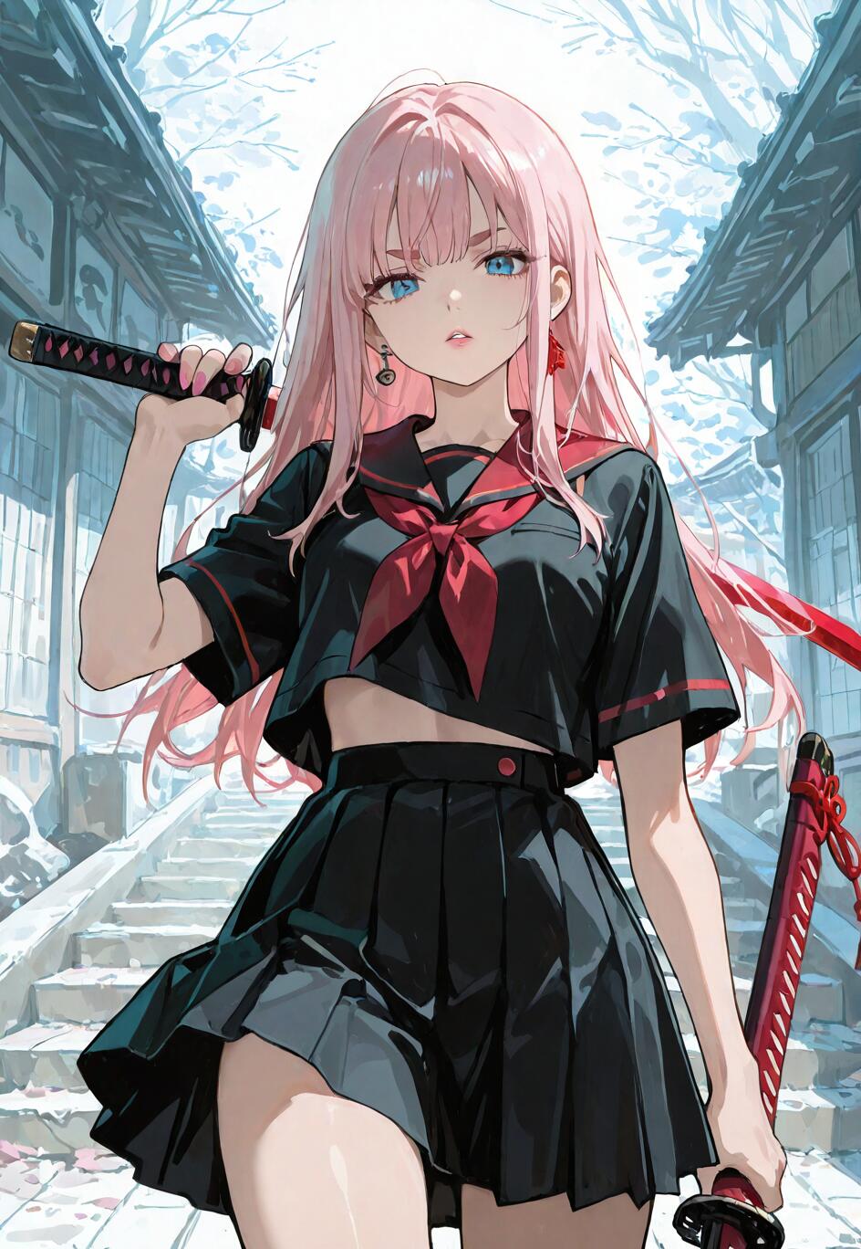 An anime-style illustration of a girl with long pink hair and blue eyes, wearing a black school uniform and holding a katana sword in a snowy, traditional Japanese village.