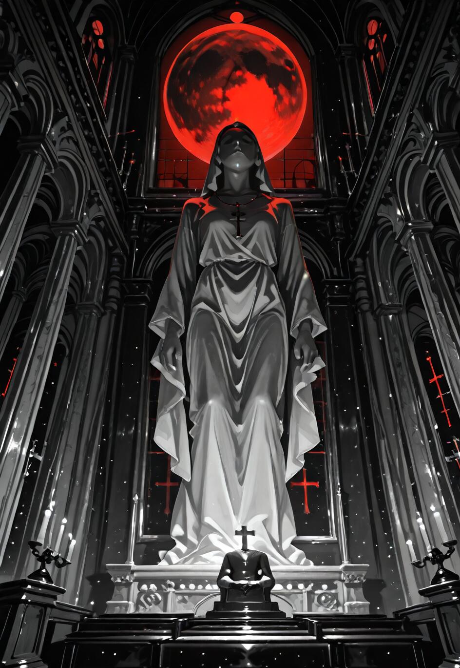 A low-angle digital painting of a massive white statue of a hooded woman in a dark gothic cathedral. Behind her, a large, blood-red moon shines through a window, casting an ominous glow on the predominantly black and white scene.