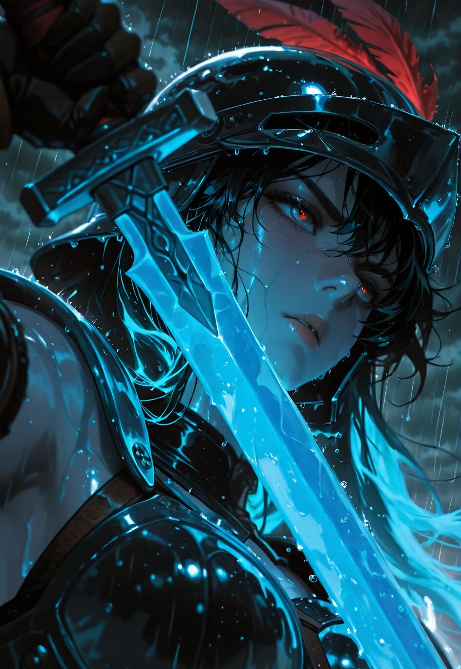 Close-up portrait of a female warrior in dark, glossy armor and a helmet with a red feather. She has long black hair, glowing red eyes, and is holding a large, glowing blue sword in the rain.