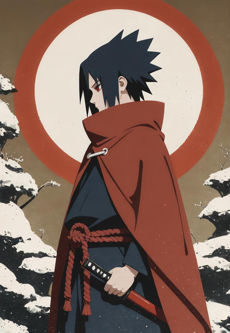 A profile view of Sasuke Uchiha from Naruto standing in a snowy landscape. He wears a red cloak over dark clothing, holds a katana, and has a red Sharingan eye. Behind him is a large red and white sun, depicted in a traditional Japanese art style.
