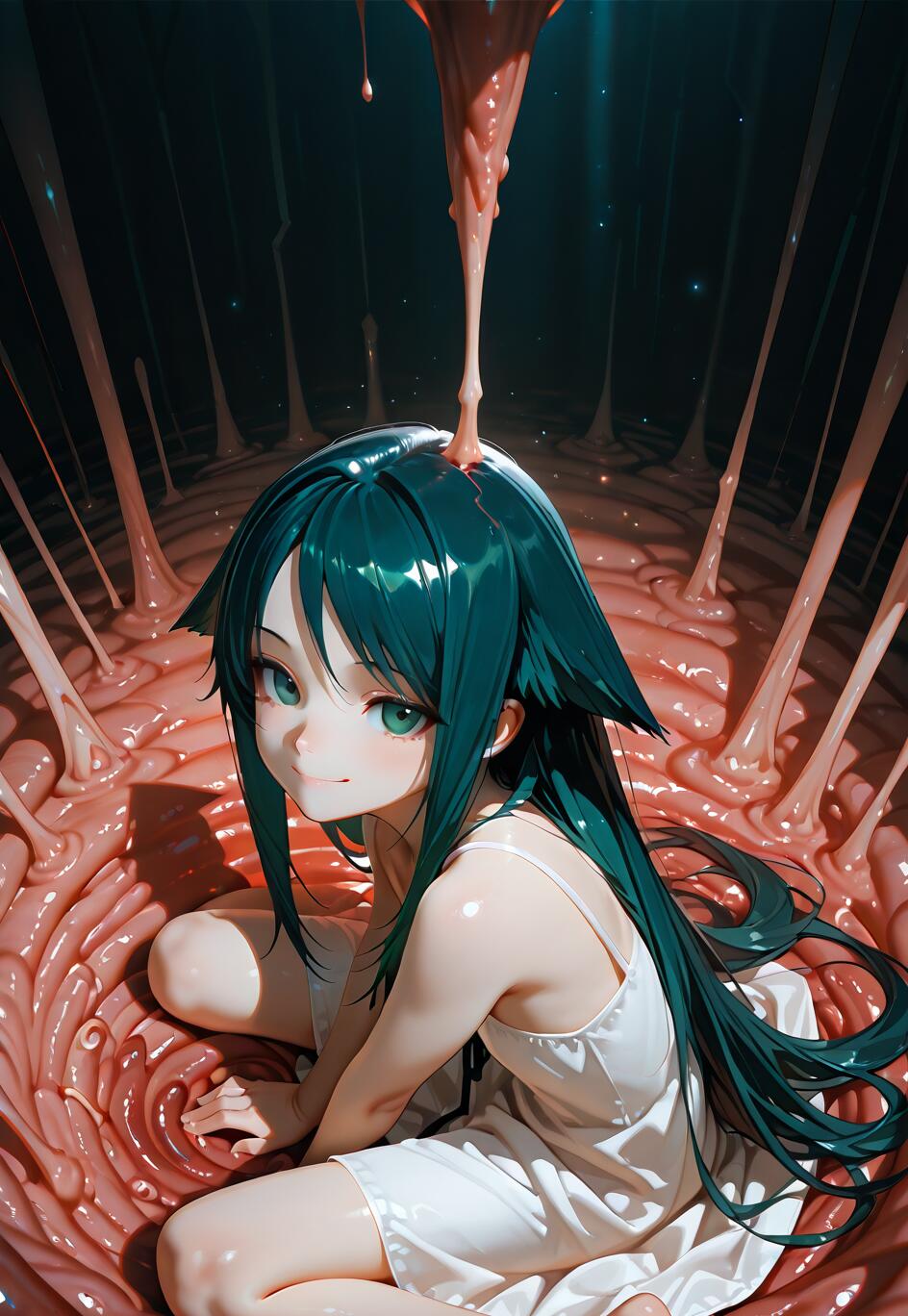 An anime-style illustration of Saya from 'Saya no Uta', a girl with long dark green hair and cat-like ears, smiling sweetly while sitting in a grotesque room made of pink flesh. A thick, slimy substance drips from the ceiling onto her hair.