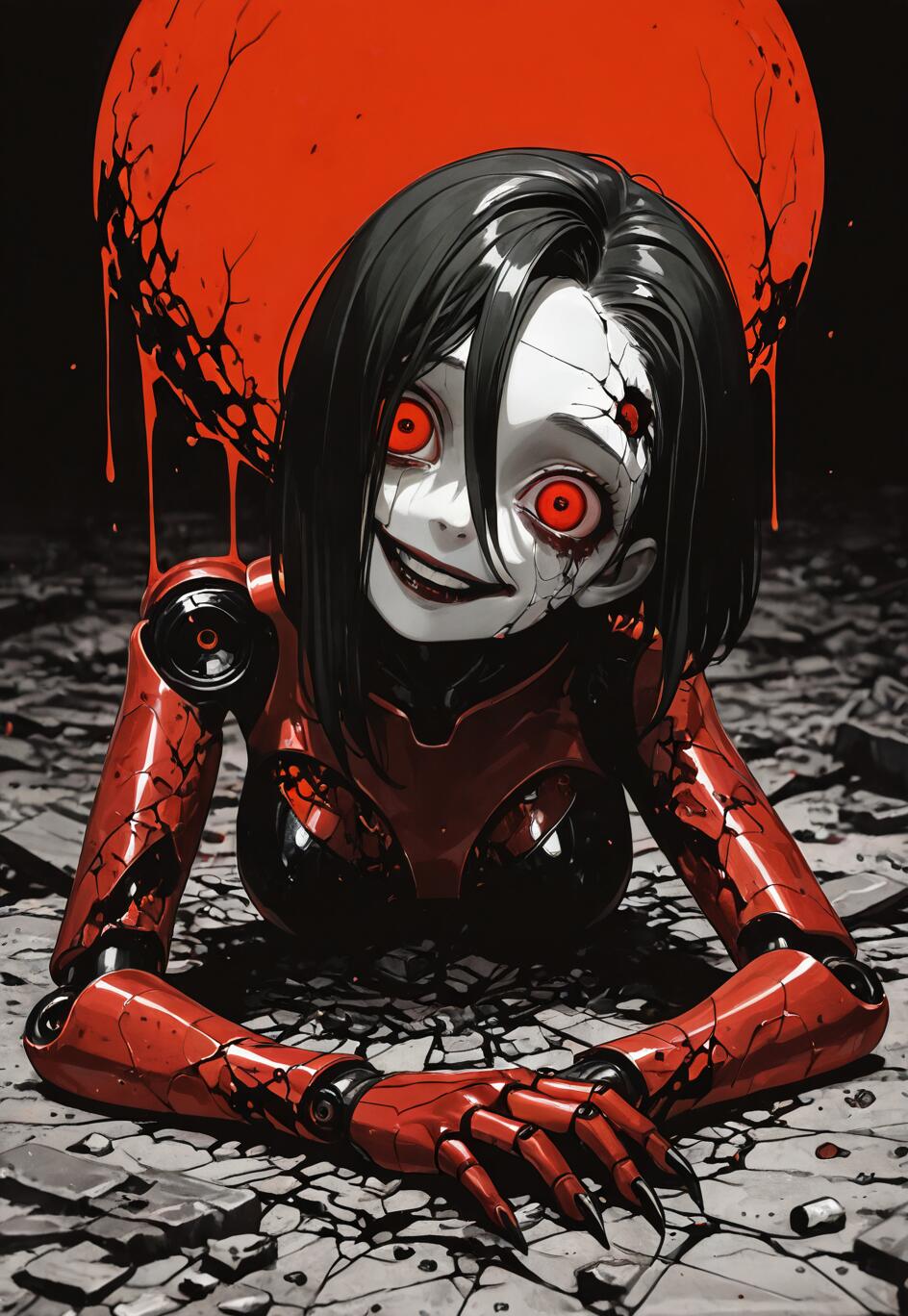 A horror-themed illustration of a female android with short black hair, a cracked white face, glowing red eyes, and a creepy smile. Her red robotic body is damaged, and she is crawling on broken ground in front of a large, dripping red moon.