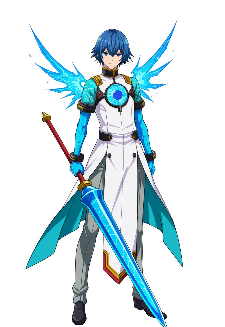 Full-body artwork of Sei from BlazBlue Alternative: Dark War, a young man with blue hair and blue crystal wings, holding a large blue and red lance on a white background.