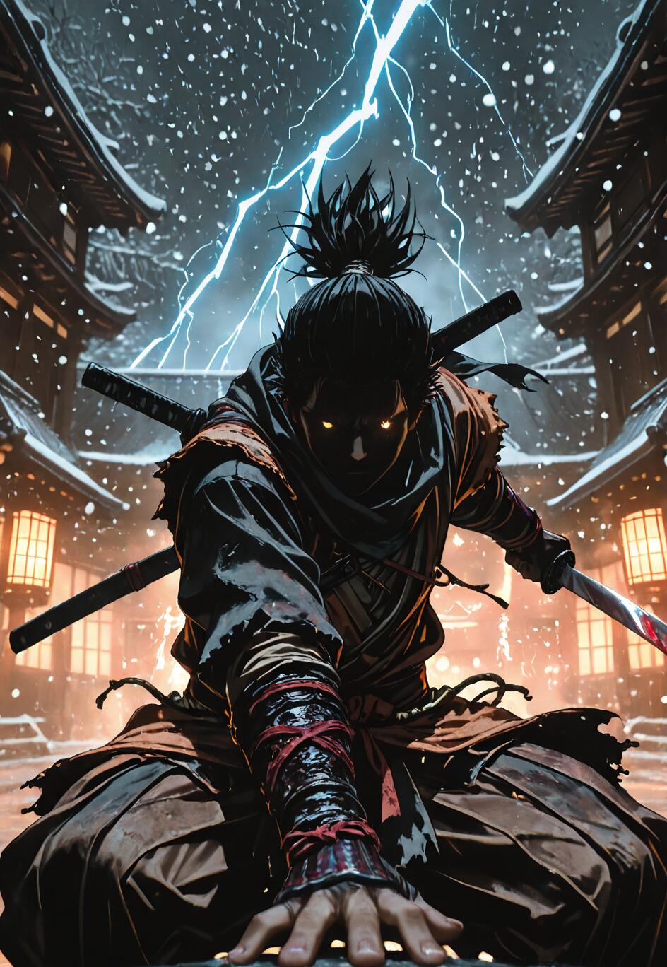 A digital illustration of the video game character Wolf from Sekiro in a dynamic crouch during a snowy night. A huge bolt of lightning strikes behind him as he holds his katana, his eyes glowing fiercely in the shadows of his face.