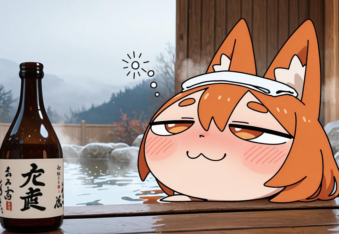 An anime fox girl, Senko-san, relaxing in a Japanese hot spring (onsen). She has a blissful, sleepy expression with a towel on her head. A bottle of sake is next to her on the wooden ledge, with a snowy mountain scene in the background.