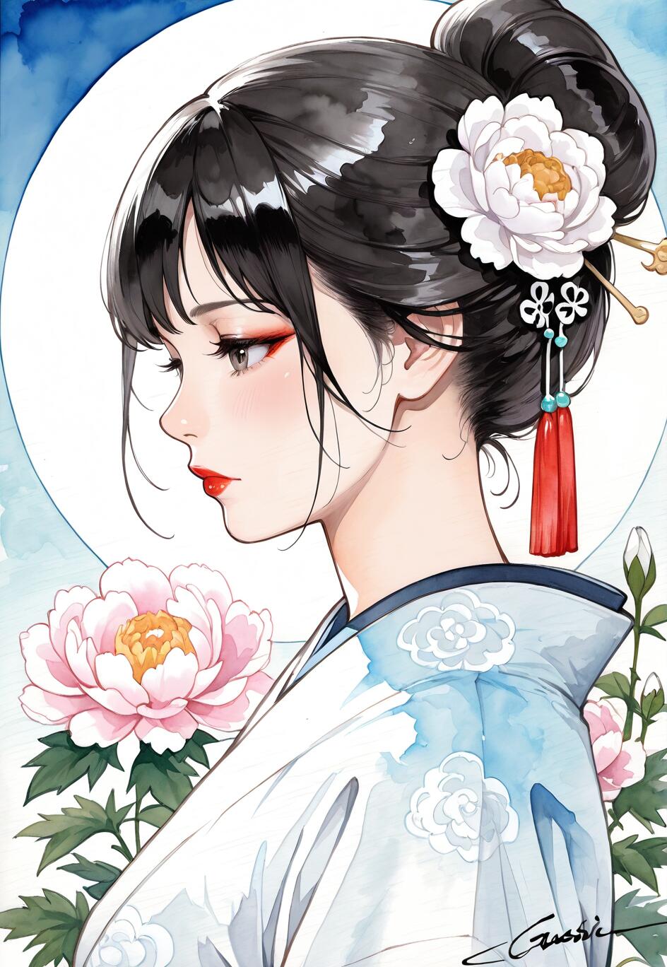 A profile portrait in a watercolor anime style of an East Asian woman with black hair in a bun, adorned with a white peony flower and a red tassel ornament. She wears a blue and white traditional robe and is set against a backdrop of a full moon and more peony flowers.