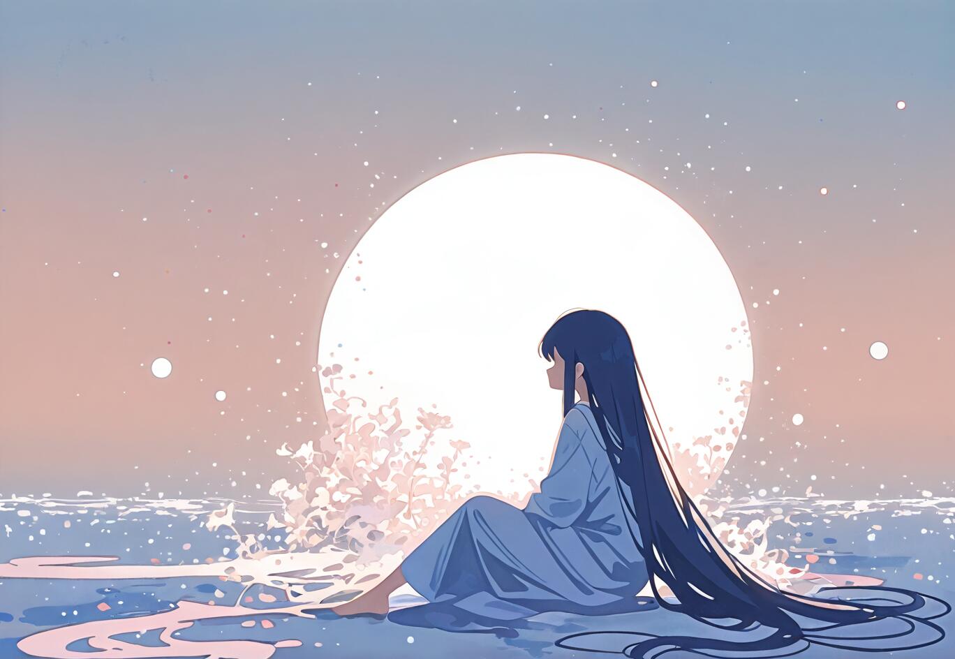 An anime-style illustration of a girl with long dark hair sitting in profile on a shore. She is looking towards a large, glowing white moon against a pastel pink and blue sky, with gentle waves at her feet.